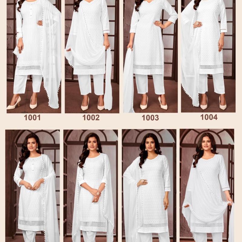 Plus Size White Rayon Chikankari Kurta with Pant and Dupatta Set Womenswear