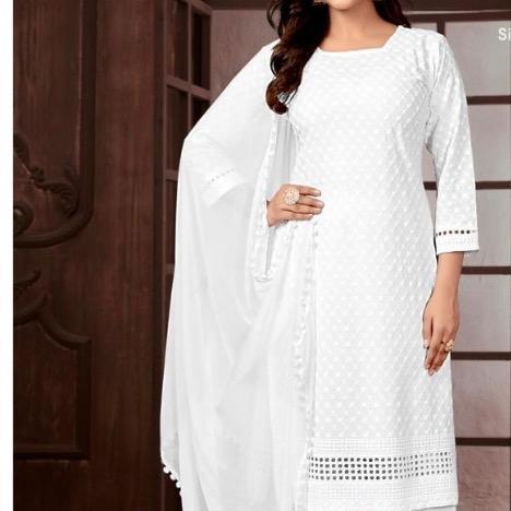 Plus Size White Rayon Chikankari Kurta with Pant and Dupatta Set Womenswear