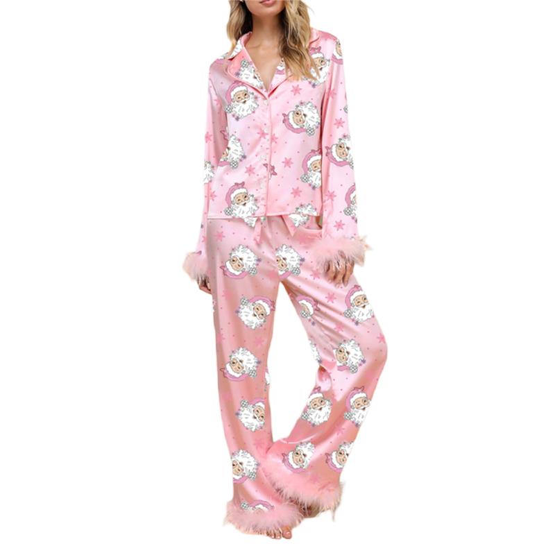 Women Christmas Pajamas Lounge Set Santa Christmas Tree Boots Print Shirts Tops and Pants Satin Loose 2 Piece Loungewear Outfits