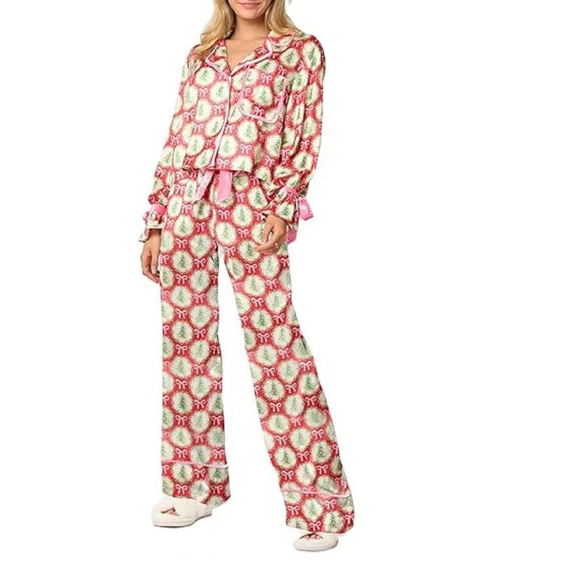 Christmas Pajamas for Women Bow Tie Long Sleeve Shirt Pants Satin Silk Funny Graphic 2 Piece Pjs Set Sleepwear