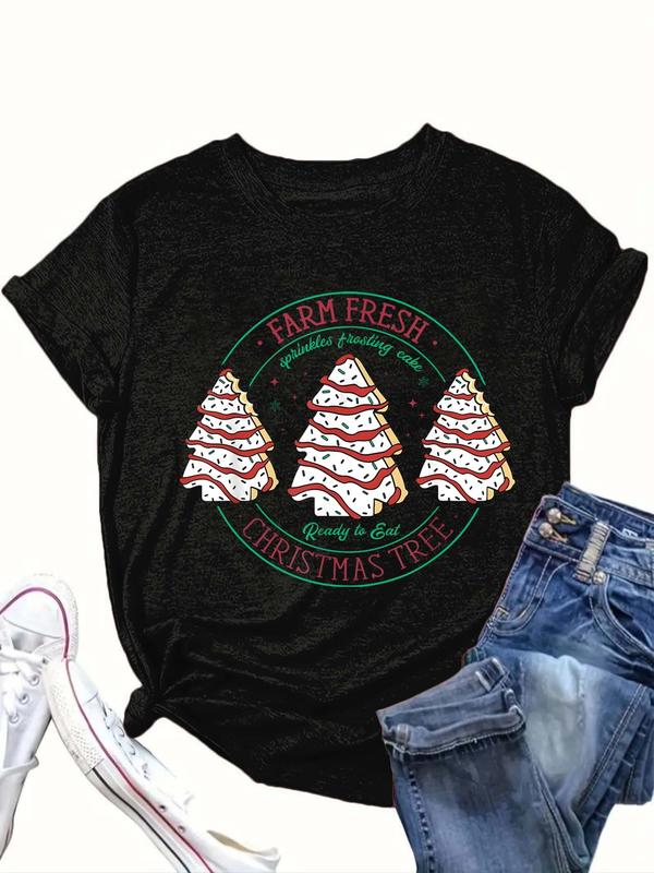  Cartoon Christmas Tree & Letter Print Round Neck Tee, Casual Short Sleeve Crew Neck T-Shirt for Summer, Women's Clothing for Daily Wear