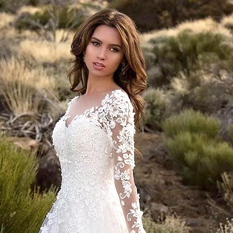 2024 New Arrival European and American Women's Clothing Dress Long Sleeve Solid Color See-through Lace Bridal Wedding Dress