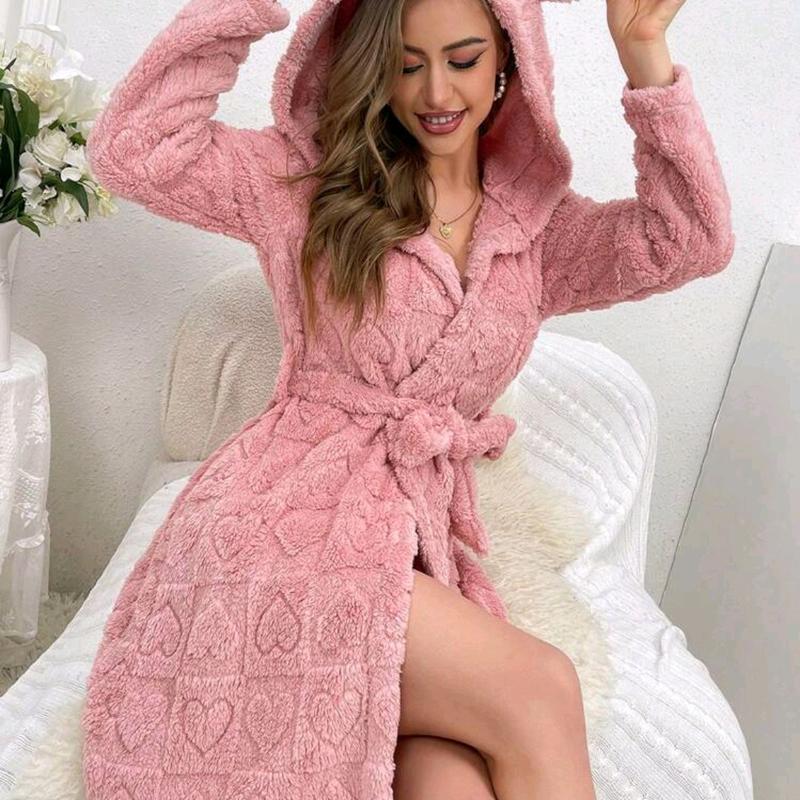 Women's Plush Hooded Robe with 3D Ear Design - Gowns, Womenswear Comfort Comfortable Cute Loungewear Nightwear Basic Long Sleeve Day