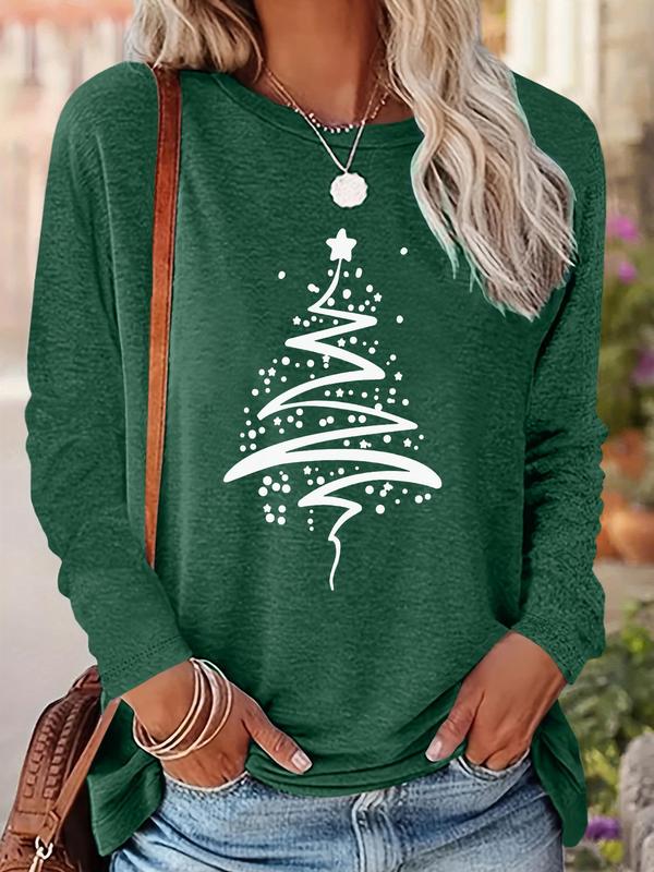 Women's Christmas Tree Print Drop Shoulder T-shirt, Casual Long Sleeve Round Neck Pullover for Fall & Winter, Ladies Clothes for Daily Wear