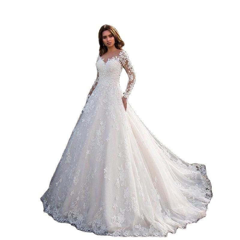 2024 New Arrival European and American Women's Clothing Dress Long Sleeve Solid Color See-through Lace Bridal Wedding Dress