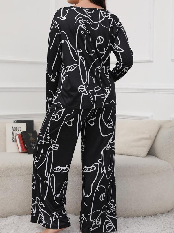 Plus Size Two-Piece Set Abstract Graphic Pyjama Set, Casual Comfy Long Sleeve Top & Trousers PJ Set for Home Wear, Women's Plus Size Sleepwear for Spring & Fall