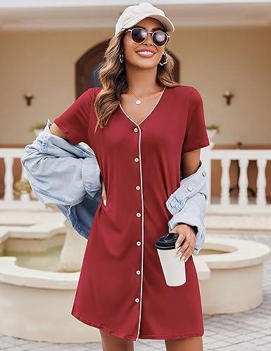 Nightgowns for Women 2 Pack Button Down Sleepshirt Short Sleeve Nightshirt Soft Sleepwear V Neck Pajama Dress Loungewear Womenswear Bra Fashion Summer Outfits 2024