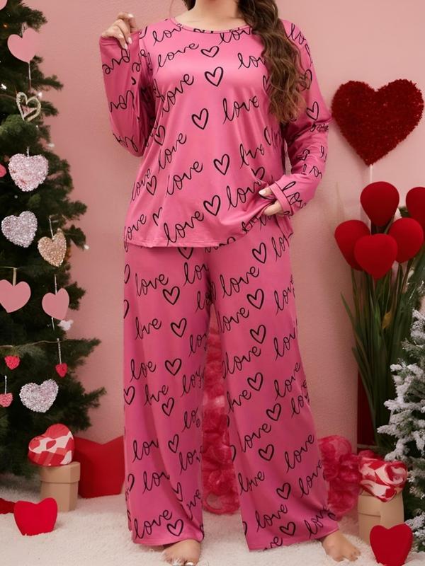  Heart & Letter Print Pyjama Two-Piece Set, Casual Comfy Round Neck Long Sleeve T-shirt & Trousers PJ Set, Women's Sleepwear for Spring & Fall