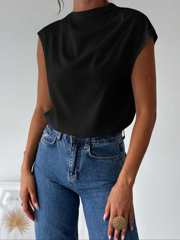 Women's Plain Asymmetrical Keyhole Neckline Blouse, Elegant Cap Sleeve Top for Work Office Business, Ladies Clothes for All Seasons