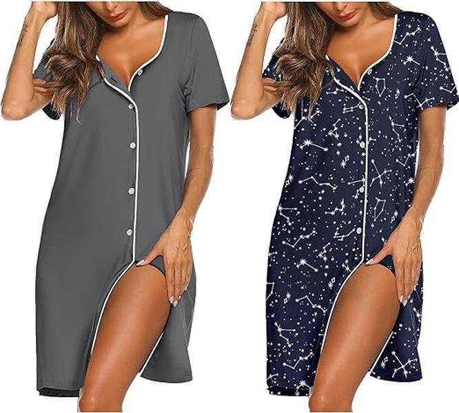 Nightgowns for Women 2 Pack Button Down Sleepshirt Short Sleeve Nightshirt Soft Sleepwear V Neck Pajama Dress Loungewear Womenswear Bra Fashion Summer Outfits 2024