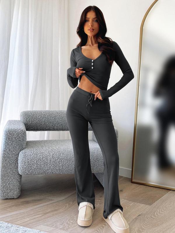 Two-Piece Set Women's Solid Button V Neck Tee & Drawstring Waist Flare Leg Pants, Casual Long Sleeve T-shirt & Bootcut Trousers for Spring & Fall, Women's Clothes for Daily Wear