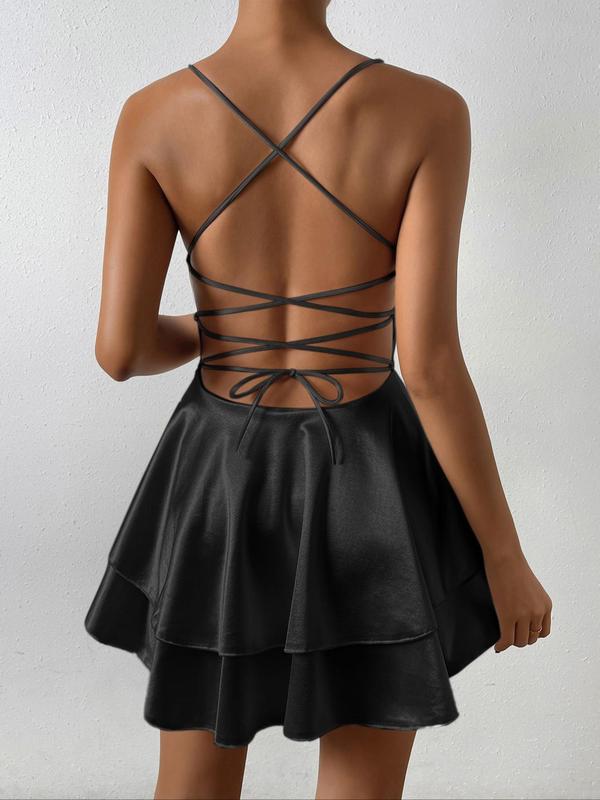 Women's Minimalist Lace Up Backless Tiered Layer Ruffle Trim Cami Dress As Birthday Gifts, Lady Comfort Solid Wrap Spaghetti Strap A Line Short Dress for Party Club Dating Casual Wear, Ladies Summer Clothes, Womenswear, Bodycon Dress