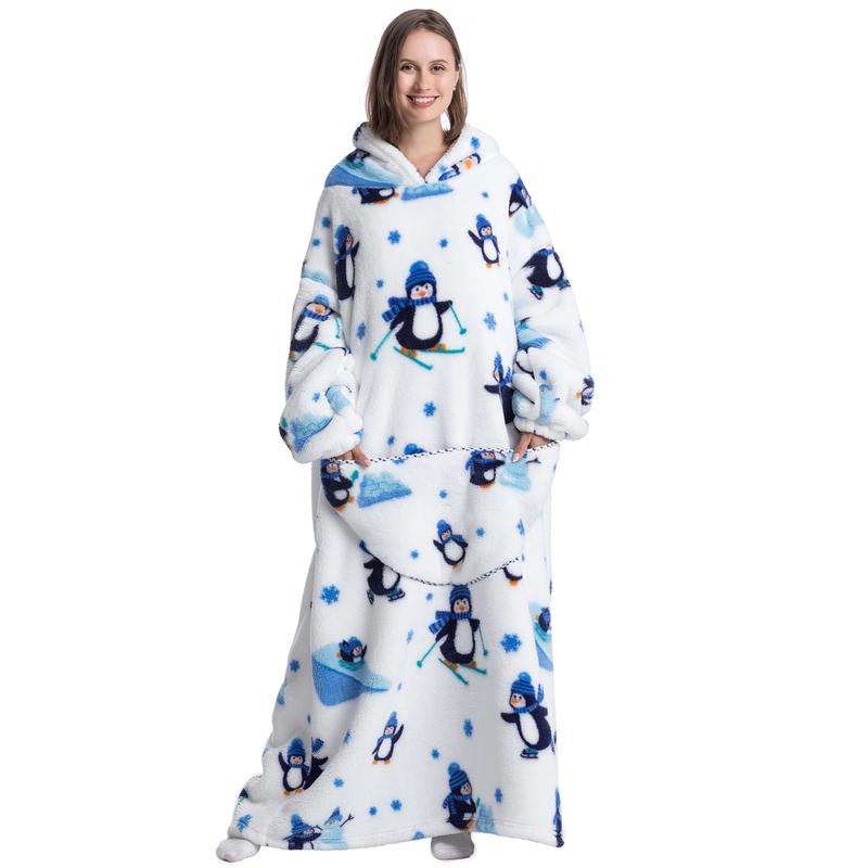 Plus Size Cute Wearable Blanket Hooded Nightgown, 1Pcs Women Men Ultra Soft Warm Oversized Hooded Wearable Blanket With Giant Pockets