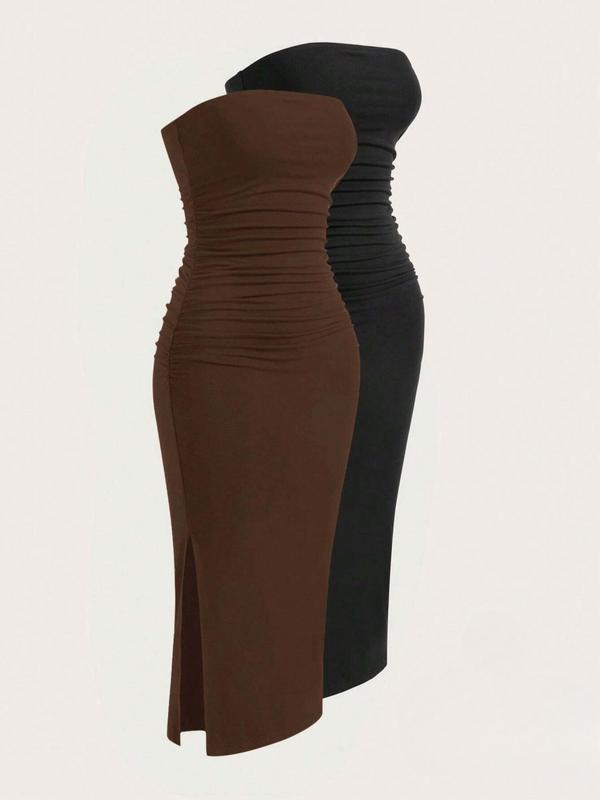 Women's Solid Ruched Split Hem Tube Dress, Casual Strapless Long Bodycon Dress for Summer, Ladies Clothes for Daily Wear