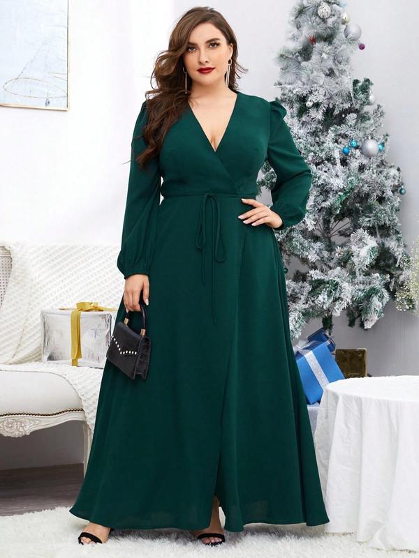  Plain Bishop Sleeve Split Thigh Dress, Elegant V Neck Long Sleeve Chiffon Dress for Party Wedding Guest, Women's Clothes for All Seasons