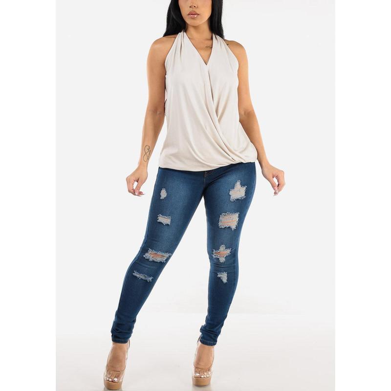 Distressed Mid Rise Stretchy Skinny Jeans Med Blue