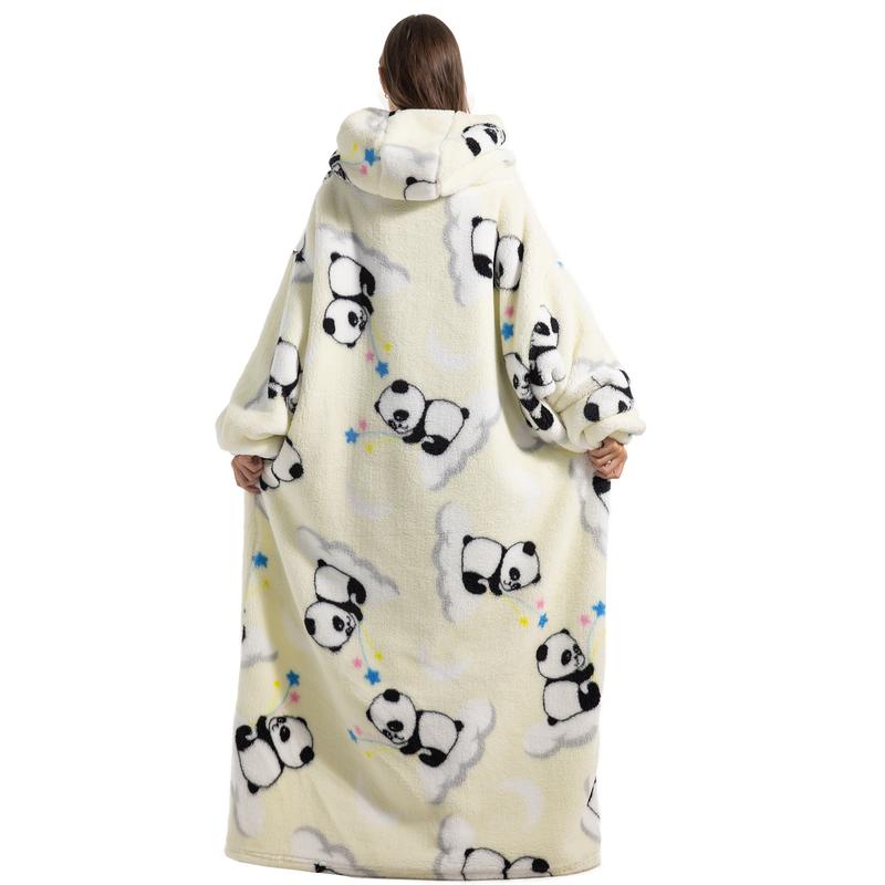 Plus Size Cute Wearable Blanket Hooded Nightgown, 1Pcs Women Men Ultra Soft Warm Oversized Hooded Wearable Blanket With Giant Pockets