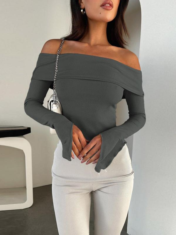 Women's Asymmetrical Hem Lettuce Trim Off Shoulder Tee, Solid Long Sleeve T-shirt for Spring, Fashion Casual Women's Top for Daily Wear