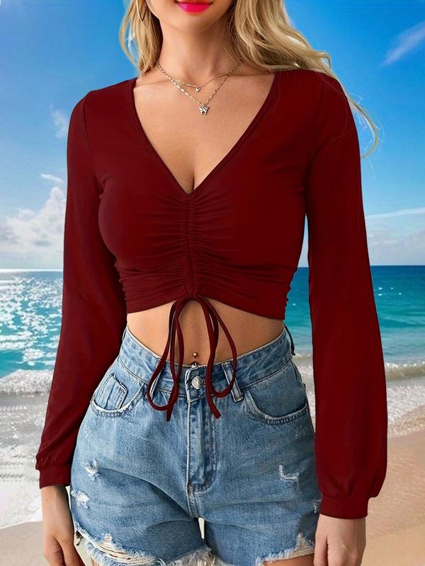 Women's New Plain Ruched Drawstring Long Sleeve Deep V Neck Crop Tee, Casual Bishop Sleeve T-Shirt Top for Spring & Fall, Women's Clothes