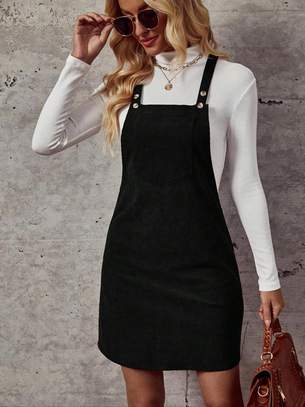 Women's Solid Pocket Corduroy Pinafore Dress, Casual Comfy Sleeveless Straps Short Dress for Fall, Ladies Fall Casual Wear Clothes for Daily, Wedding Guest Dress, Fall Outfits