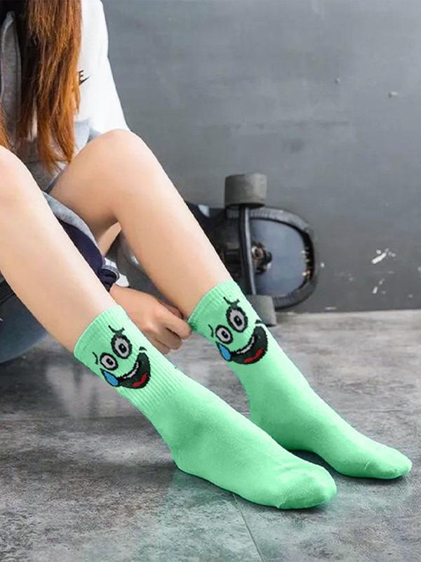 Random Color Women's Cartoon Face Print Mid-calf Socks, Casual Moisture Wicking Socks, Soft Comfy Breathable Socks for All Seasons Daily Wear