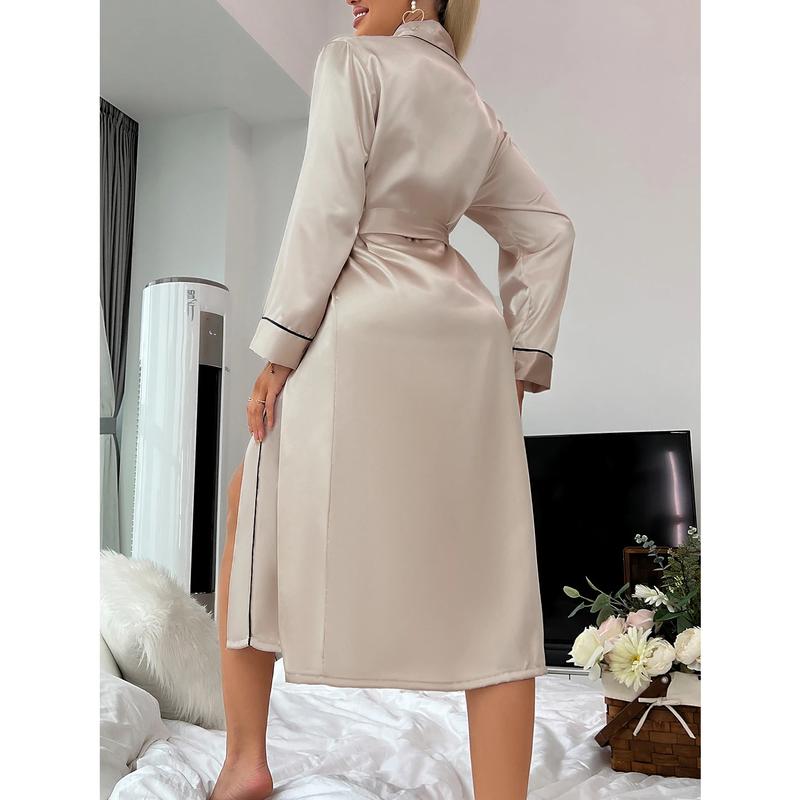 Solid Satin Night Robe Elegant Long Sleeve V Neck Pajamas with Belt Sexy Women Sleepwear Does not apply