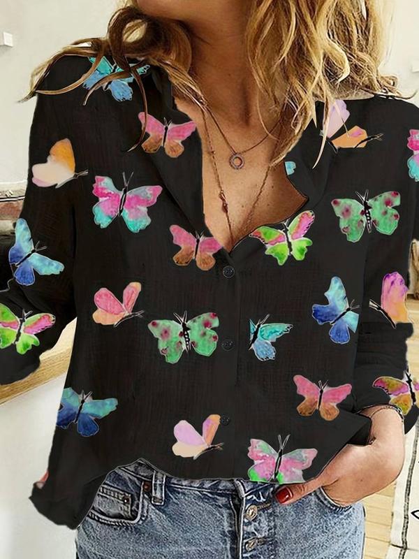 Women's Butterfly Print Button Front Blouse, Casual Long Sleeve Collared Top for Daily Wear, Going Out Tops, Ladies Clothes for All Seasons