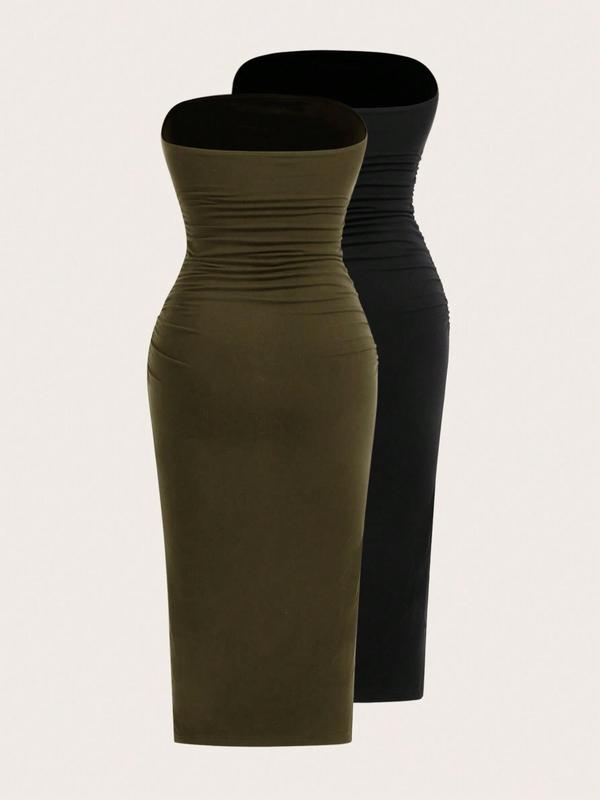 Women's Solid Ruched Split Hem Tube Dress, Casual Strapless Long Bodycon Dress for Summer, Ladies Clothes for Daily Wear