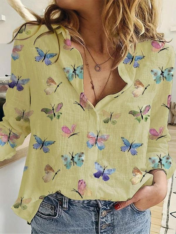 Women's Butterfly Print Button Front Blouse, Casual Long Sleeve Collared Top for Daily Wear, Going Out Tops, Ladies Clothes for All Seasons