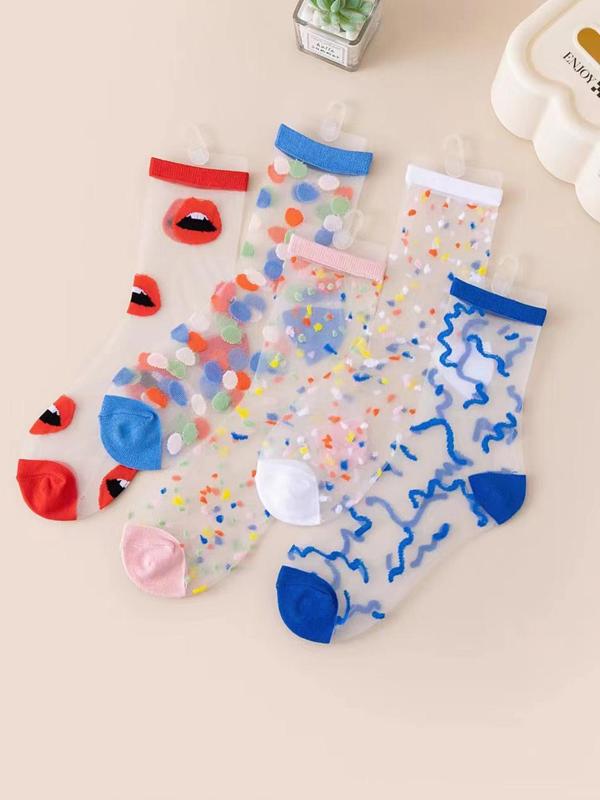 Women's 5 Pairs Contrast Mesh Sheer Crew Socks, Fashionable All Over Print Socks for Daily Wear, Comfy Breathable Socks for Women