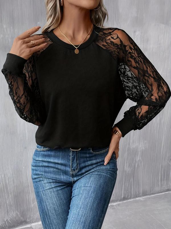 Women's Contrast Lace Raglan Sleeve Tee, Casual Long Sleeve Round Neck T-shirt for Daily Wear, Ladies Clothes for All Seasons