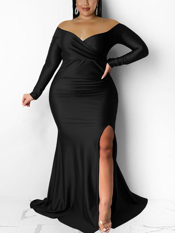 Plus Size Off The Shoulder Split Backless Bodycon Dress, Solid Long Sleeve Wrap Dress For Evening Party, Women's Plus Clothing For Spring & Fall