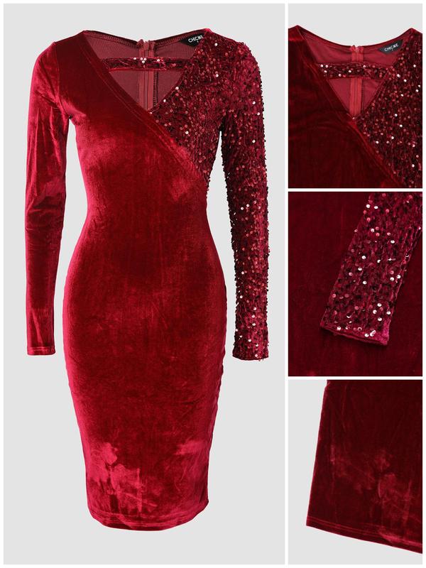 Women's Contrast Sequin Cut Out Wrap Velvet Dress, Elegant V Neck Long Sleeve Knee Length Bodycon Dress for Party Club Dating Wear, Women's Clothing for Fall & Winter