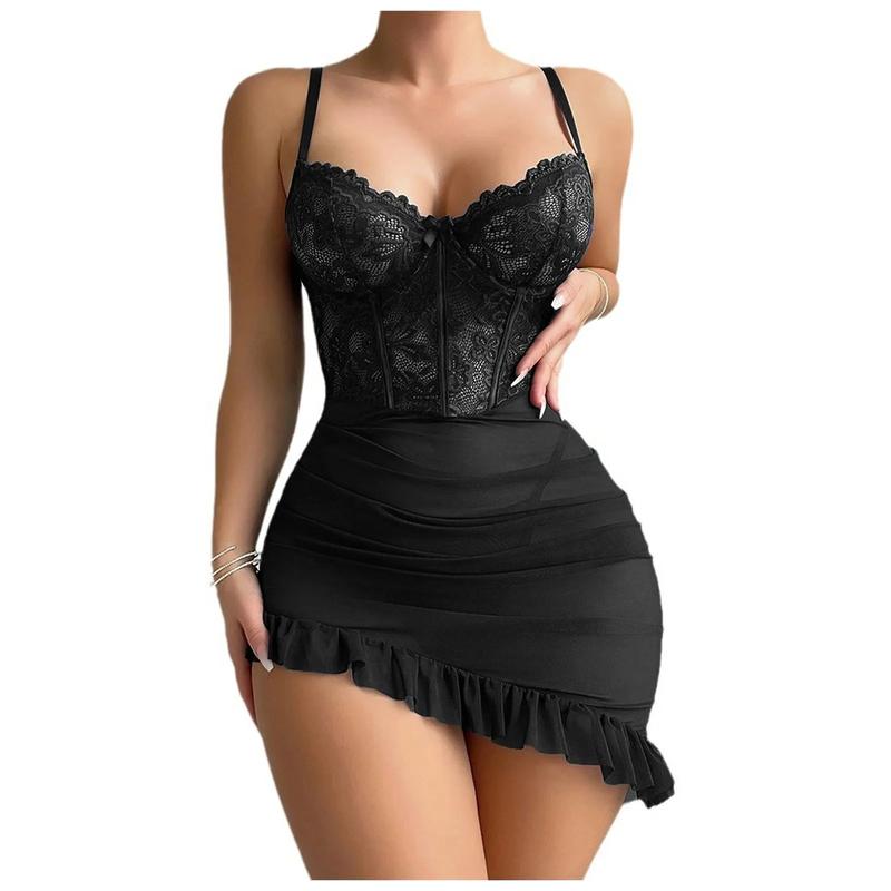 Sexy Lingerie; Mesh Splicing Short Nightie; With Underwire Push Up Bra Lace Chemise Ruffle Hem