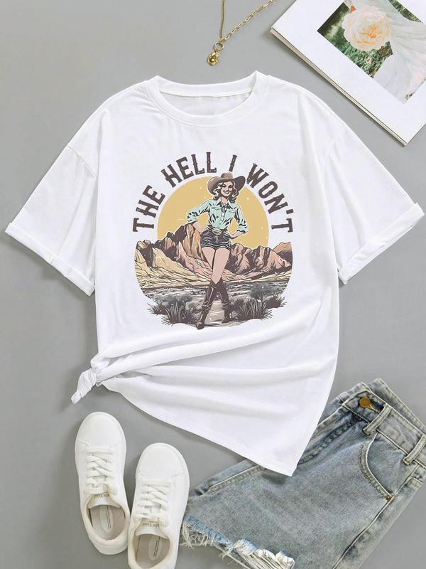 Women's Cartoon Cowgirl & Letter Print Round Neck Tee, Vintage Trendy Casual Short Sleeve T-shirt for Daily Wear, Ladies Summer Outfit