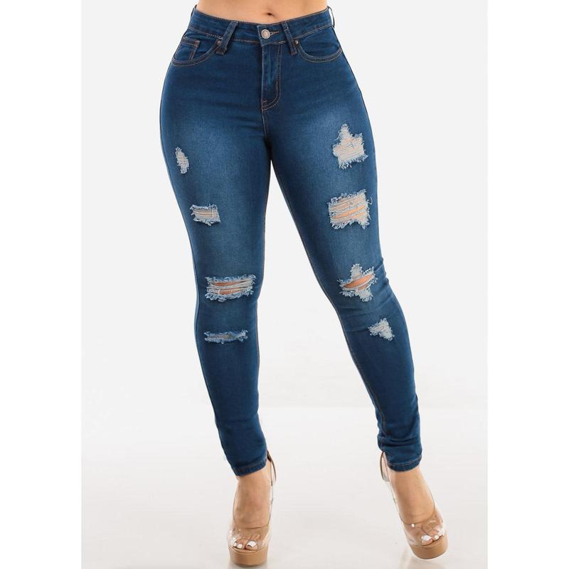 Distressed Mid Rise Stretchy Skinny Jeans Med Blue