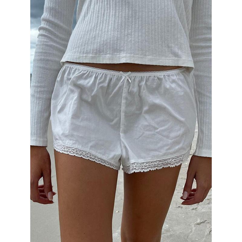 Women's Summer Casual Shorts, Solid Color Elastic Waist Lace Trim Lounge Short Pants 