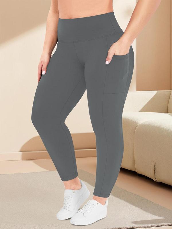  Solid High Waist Pocket Leggings, Casual Comfy High Stretch Skinny Pants for Women, Women's Bottoms for Fall & Winter