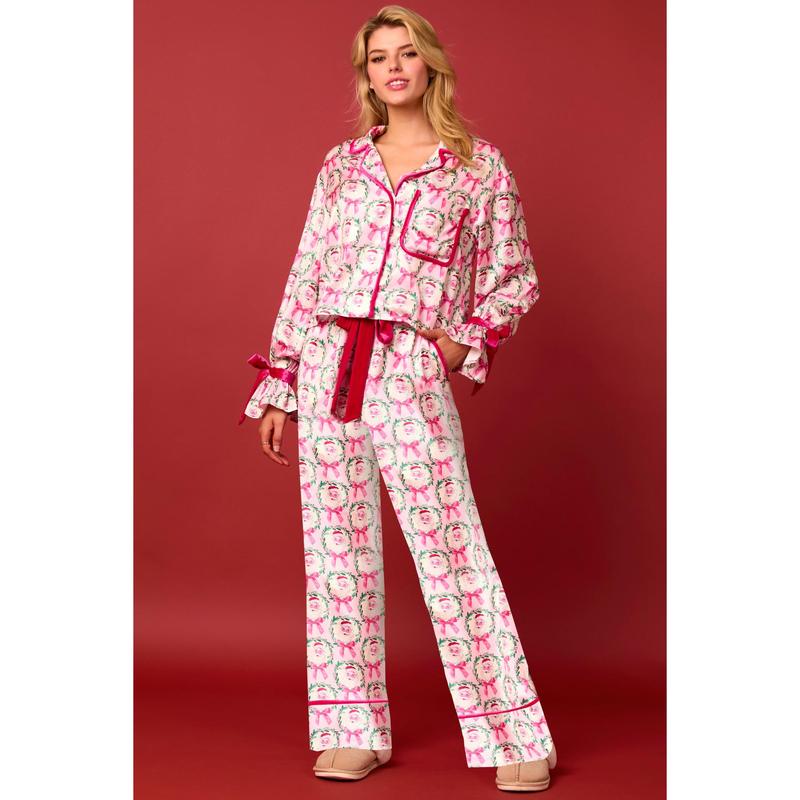 Christmas Pajamas for Women Bow Tie Long Sleeve Shirt Pants Satin Silk Funny Graphic 2 Piece Pjs Set Sleepwear