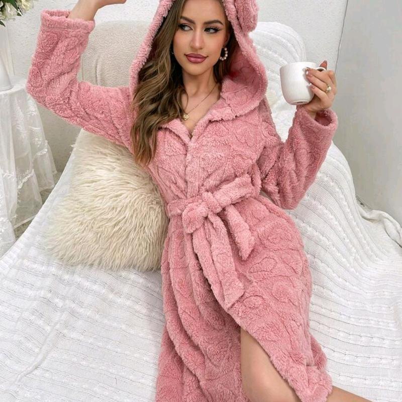 Women's Plush Hooded Robe with 3D Ear Design - Gowns, Womenswear Comfort Comfortable Cute Loungewear Nightwear Basic Long Sleeve Day