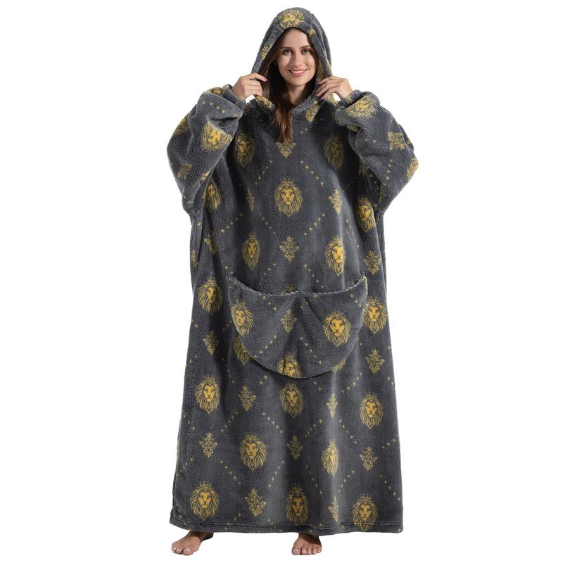 Plus Size Cute Wearable Blanket Hooded Nightgown, 1Pcs Women Men Ultra Soft Warm Oversized Hooded Wearable Blanket With Giant Pockets