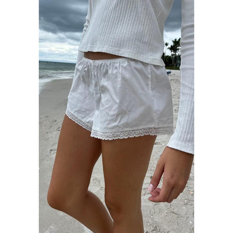 Women's Summer Casual Shorts, Solid Color Elastic Waist Lace Trim Lounge Short Pants 