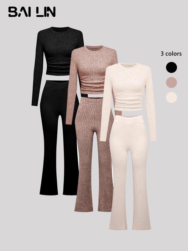 Women's Solid Ruched Tee & Flare Leg Pants Ribbed Set, Casual Long Sleeve Round Neck Top & Bell Bottom Trousers for Fall & Winter, Lounge Set for Women, Matching Sets, Women's Clothes for Daily Wear