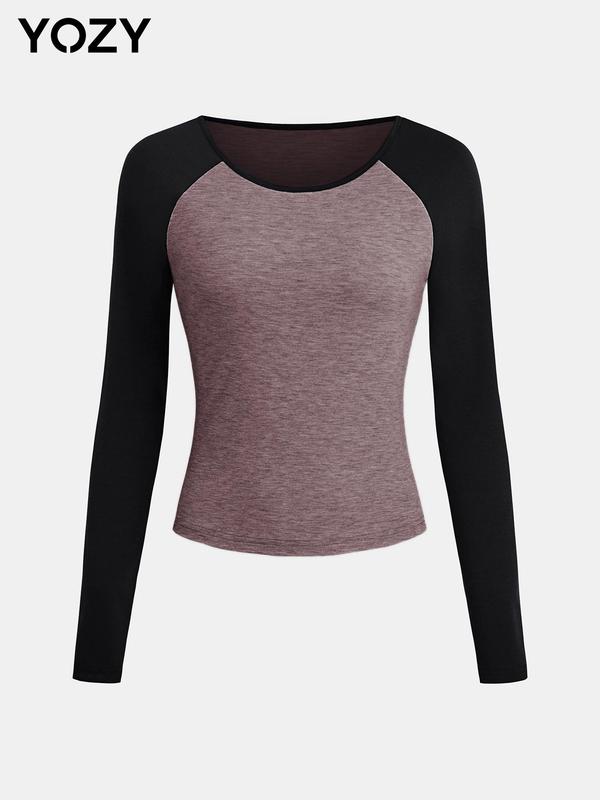 YOZY [4 colors] Colorblock Raglan Sleeve Tee, Casual Long Sleeve Round Neck T-shirt, 2024 Women's Daily Wear for Spring & Fall