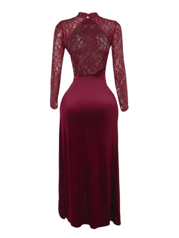 Christmas Deals Women's Contrast Lace Sheer Backless Split Thigh Velvet Dress, Elegant Mock Neck Long Sleeve Dress for Party Dating Wear, Women's Clothing for Spring & Fall, Christmas 2024 Trend, Fall & Winter Clothes