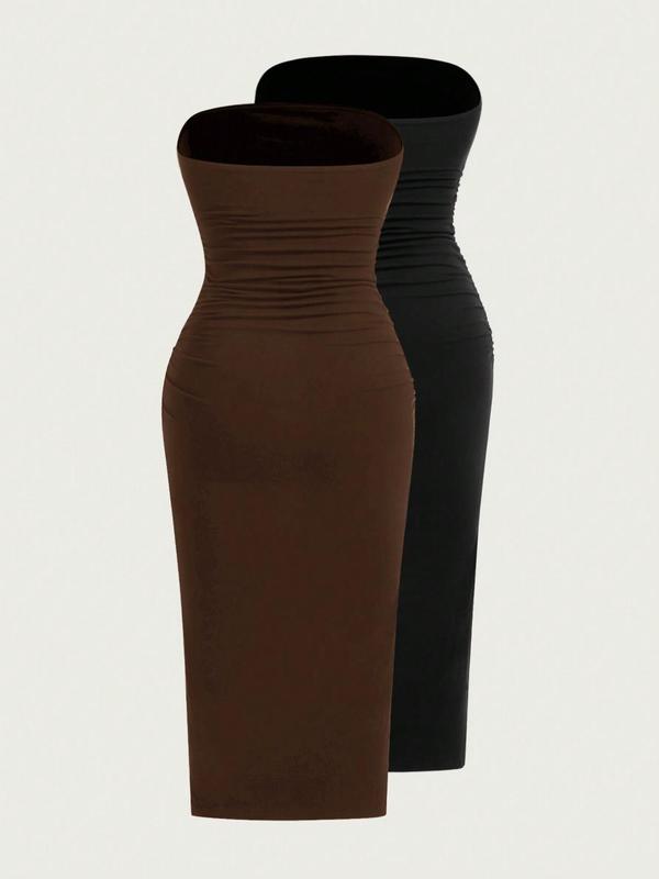 Women's Solid Ruched Split Hem Tube Dress, Casual Strapless Long Bodycon Dress for Summer, Ladies Clothes for Daily Wear