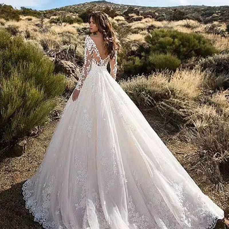 2024 New Arrival European and American Women's Clothing Dress Long Sleeve Solid Color See-through Lace Bridal Wedding Dress