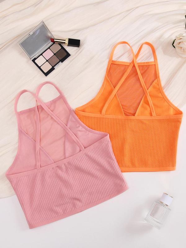 Women's 2pcs Solid Contrast Mesh Sheer Criss Cross Backless Lingerie Top, Casual Breathable Comfortable Crop Cami Top for Daily Wear, Ladies Lingerie for All Seasons