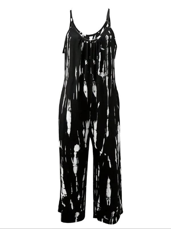 Women's All Over Print Pocket Wide Leg Cami Jumpsuit, Casual Sleeveless Spaghetti Strap Jumpsuit for Summer, Women's Clothing for Daily Wear