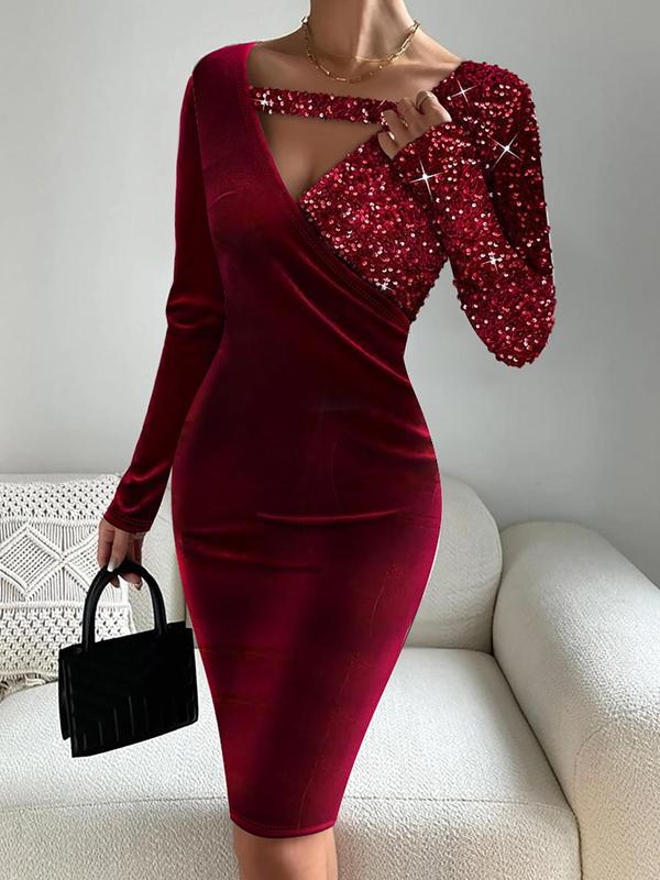 Women's Contrast Sequin Cut Out Wrap Velvet Dress, Elegant V Neck Long Sleeve Knee Length Bodycon Dress for Party Club Dating Wear, Women's Clothing for Fall & Winter